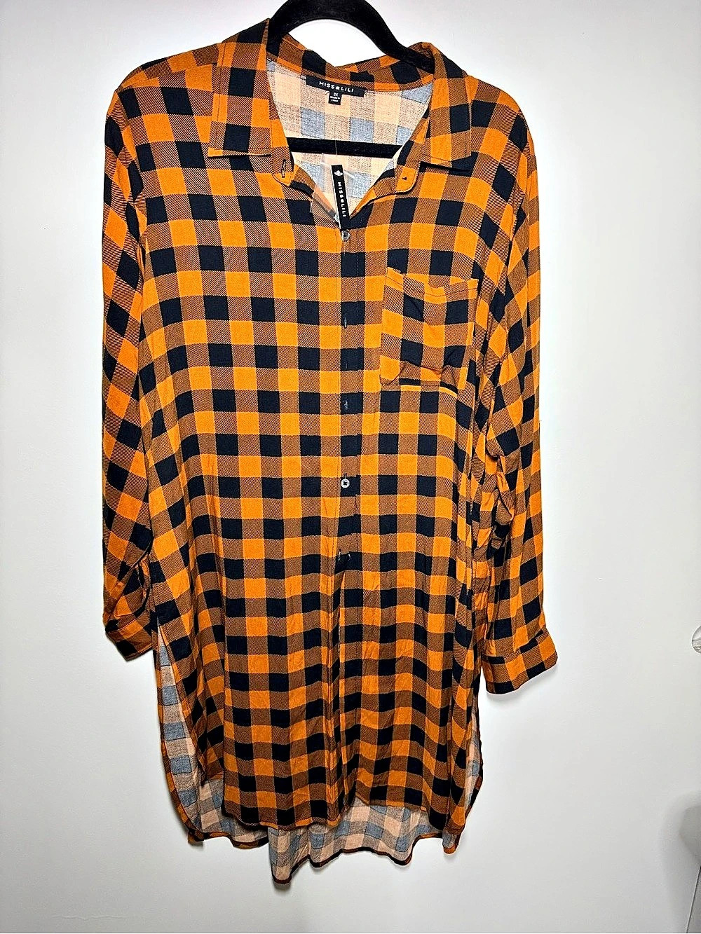NWT Miss Lili Orange Black Plaid Button Down Long Sleeve Tunic Shirt Size 2X